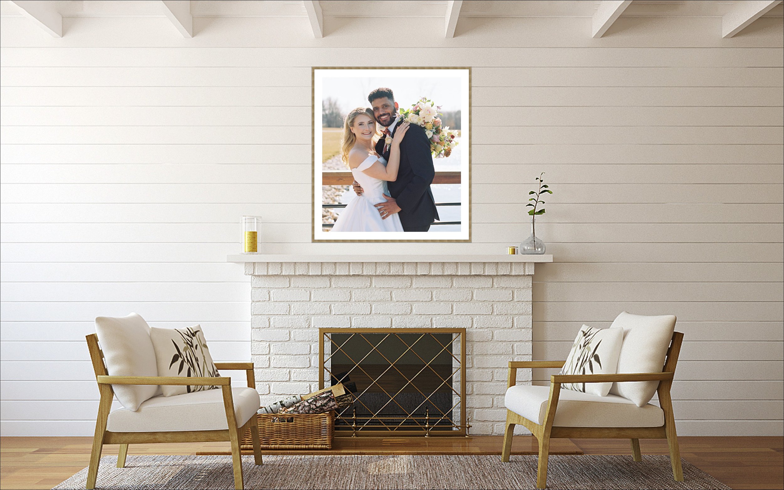 A living room with a statement frame hanging above the mantle