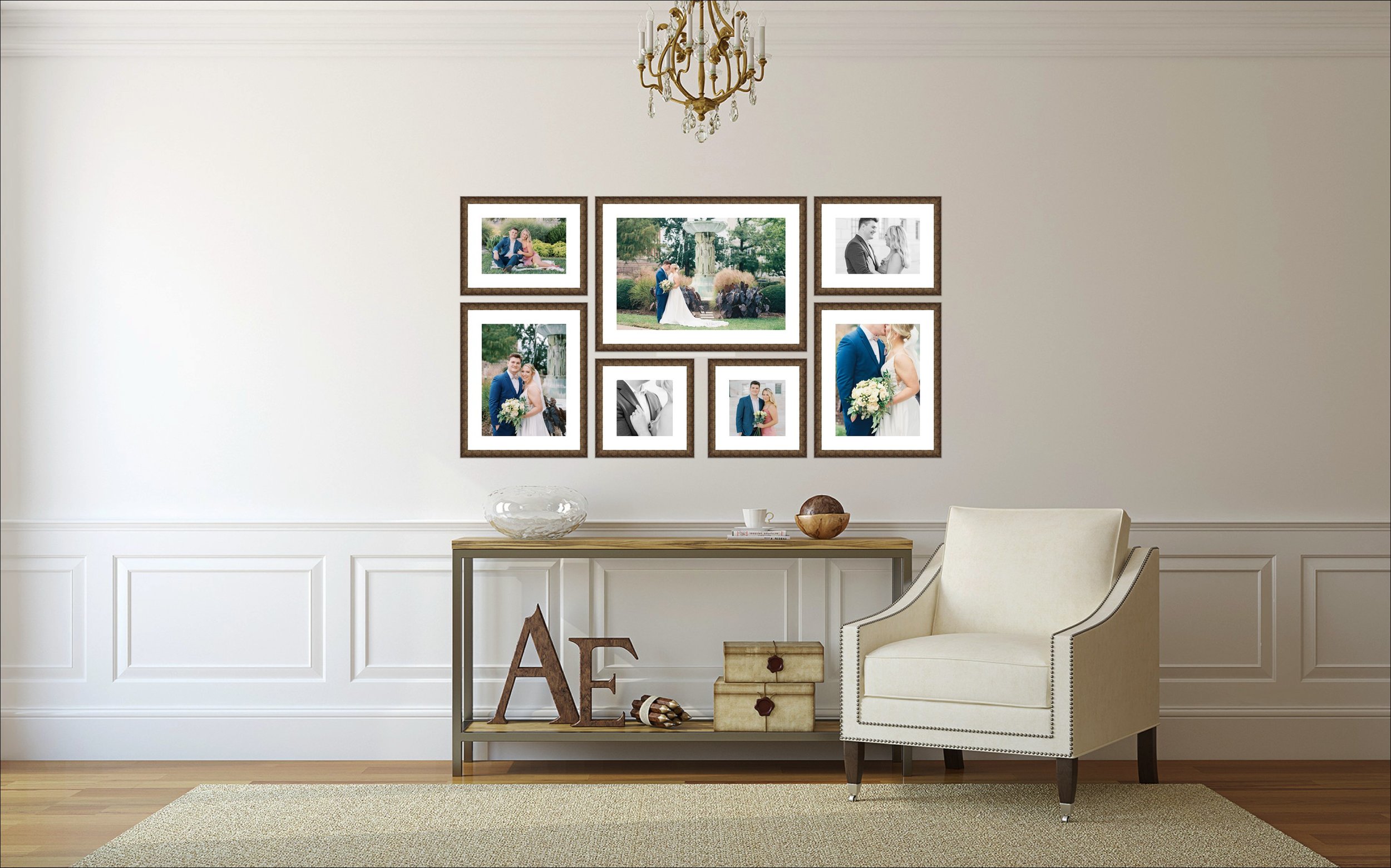 A story wall of custom framing from a couple's engagement session and wedding day